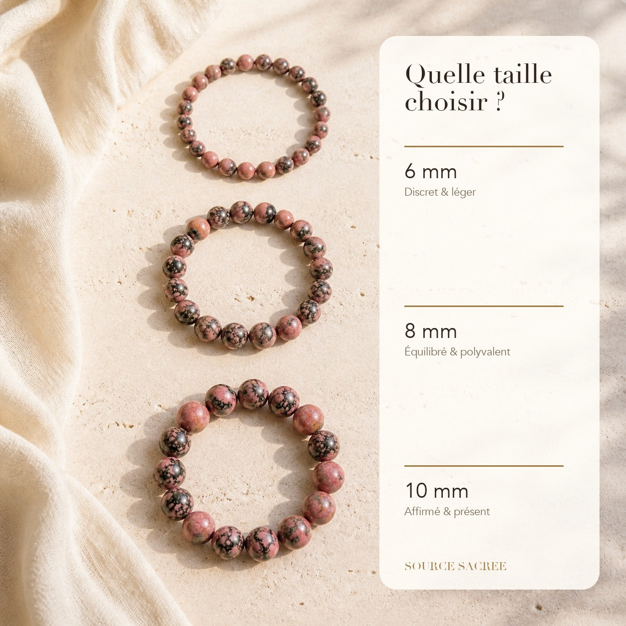 Bracelet Rhodonite : comparaison des perles 6 mm, 8 mm et 10 mm
