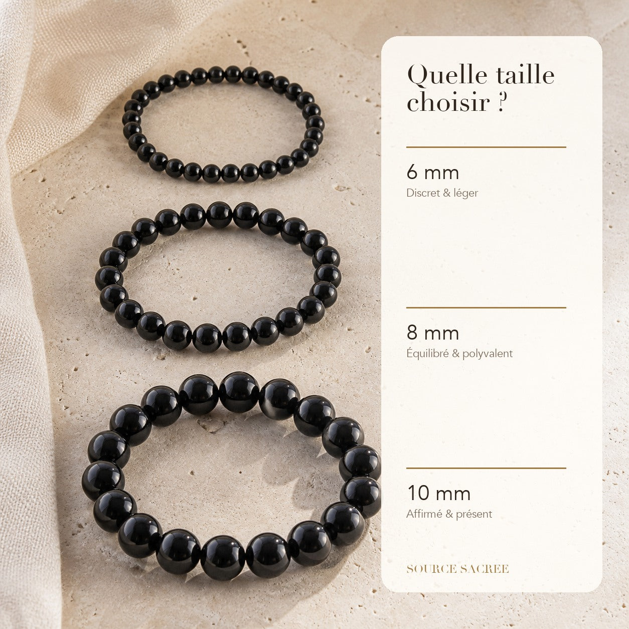Bracelet Obsidienne Noire : comparaison des perles 6 mm, 8 mm et 10 mm