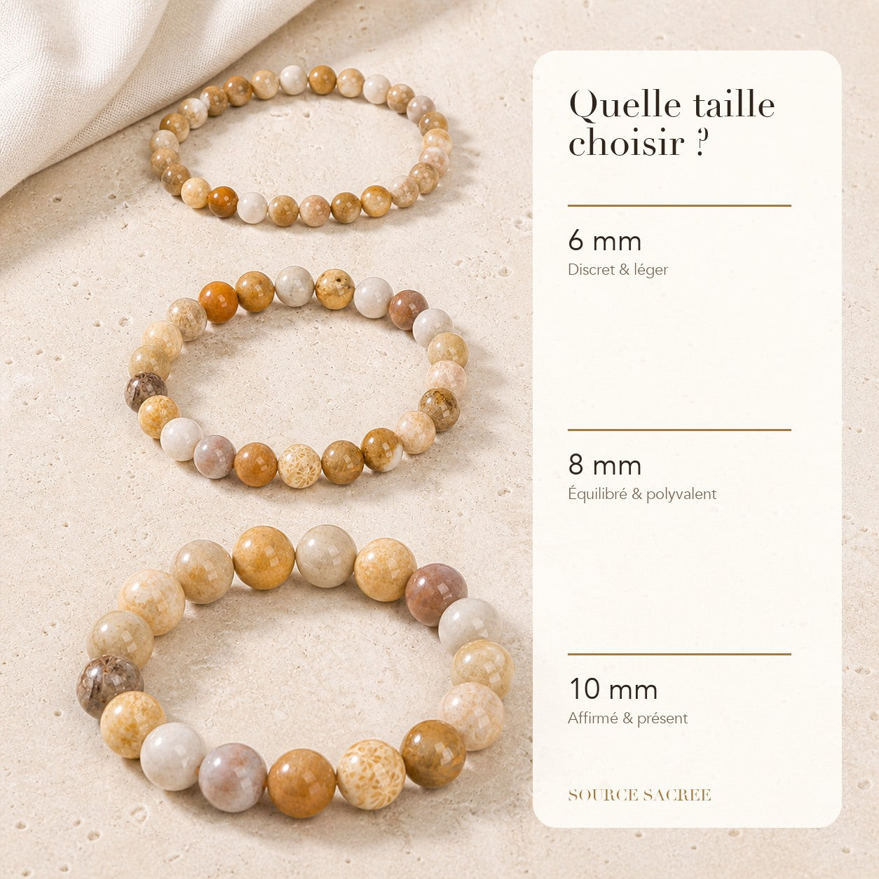 Bracelet Corail Fossile : comparaison des perles 6 mm, 8 mm et 10 mm
