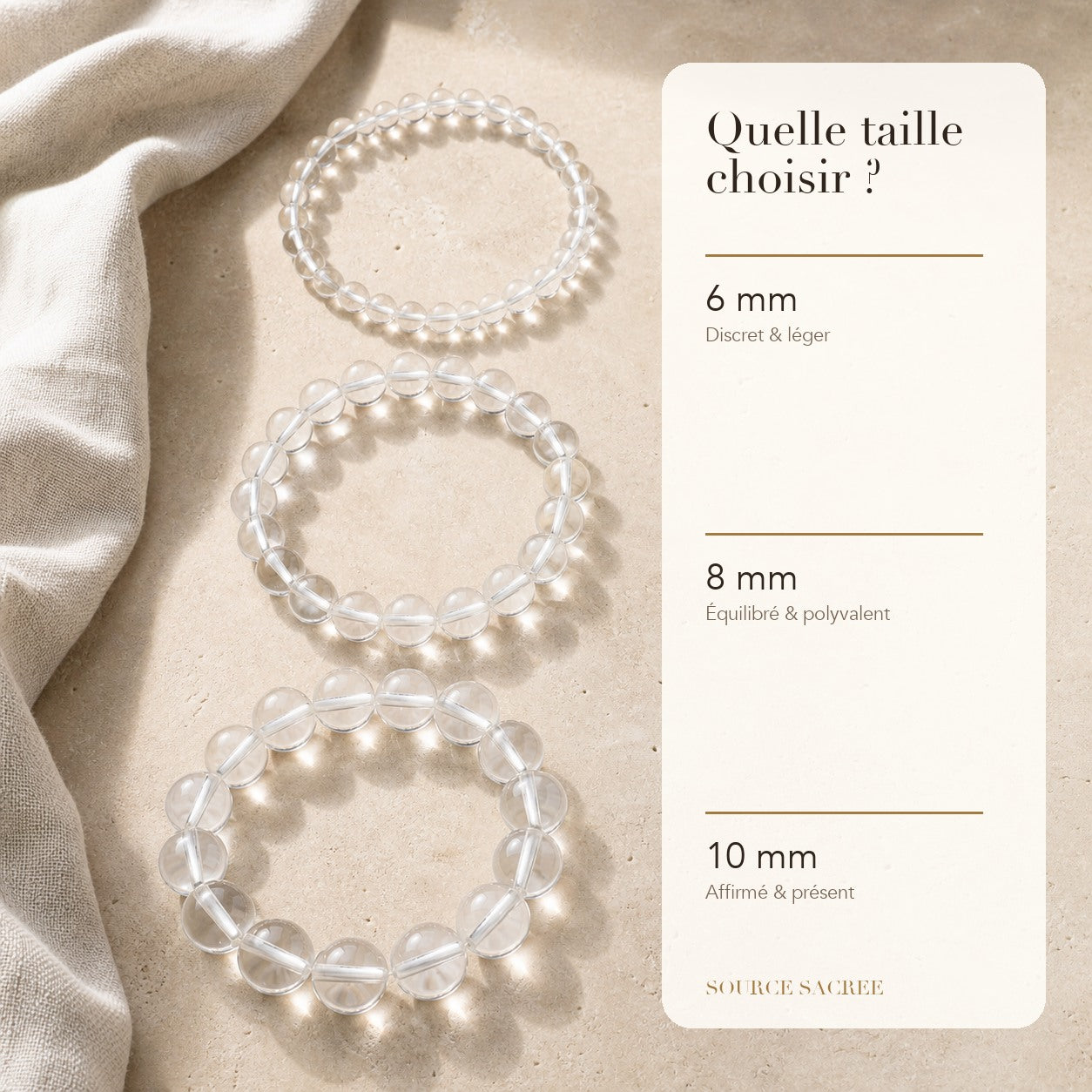 Bracelet Cristal de Roche : comparaison des perles 6 mm, 8 mm et 10 mm