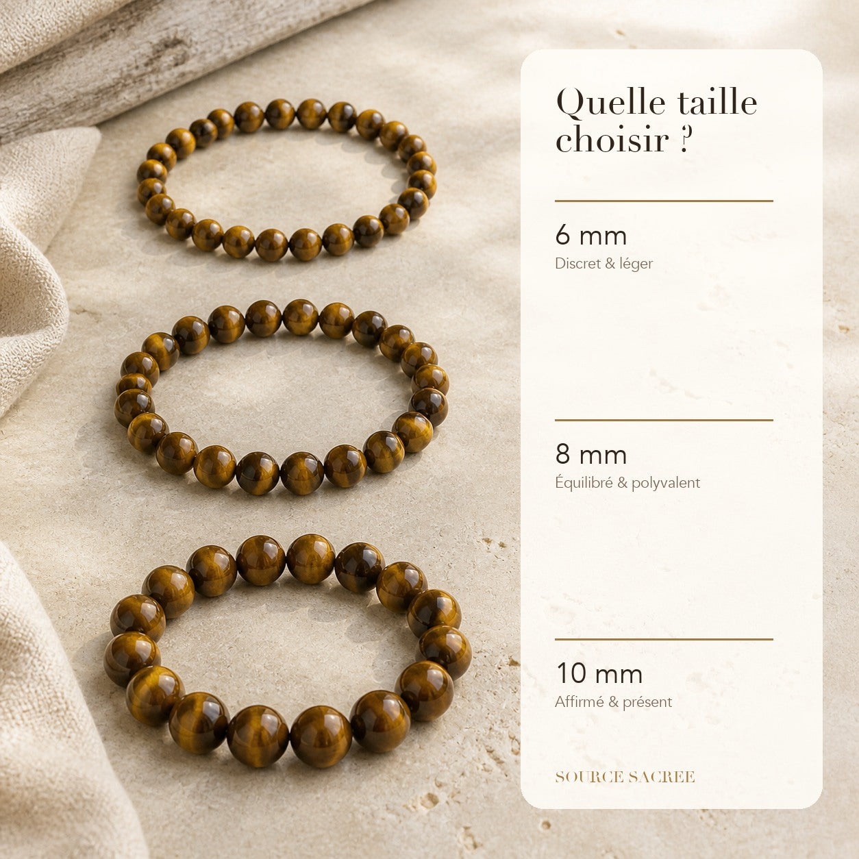 Bracelet Oeil de Tigre : comparaison des perles 6 mm, 8 mm et 10 mm