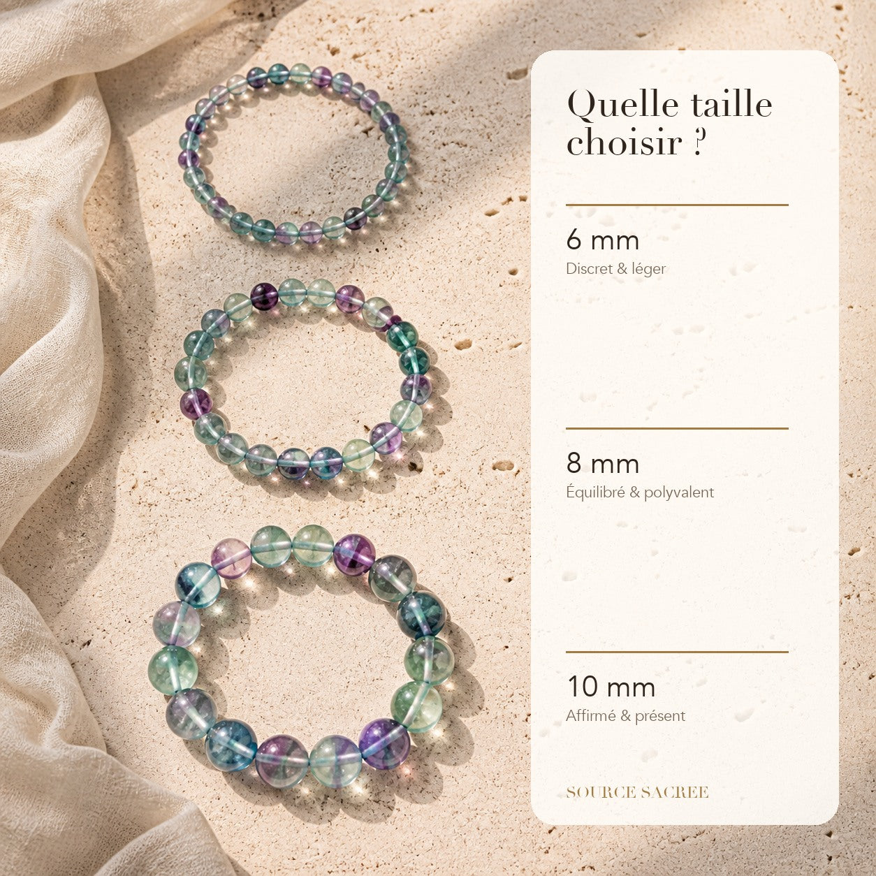 Bracelet Fluorite : comparaison des perles 6 mm, 8 mm et 10 mm