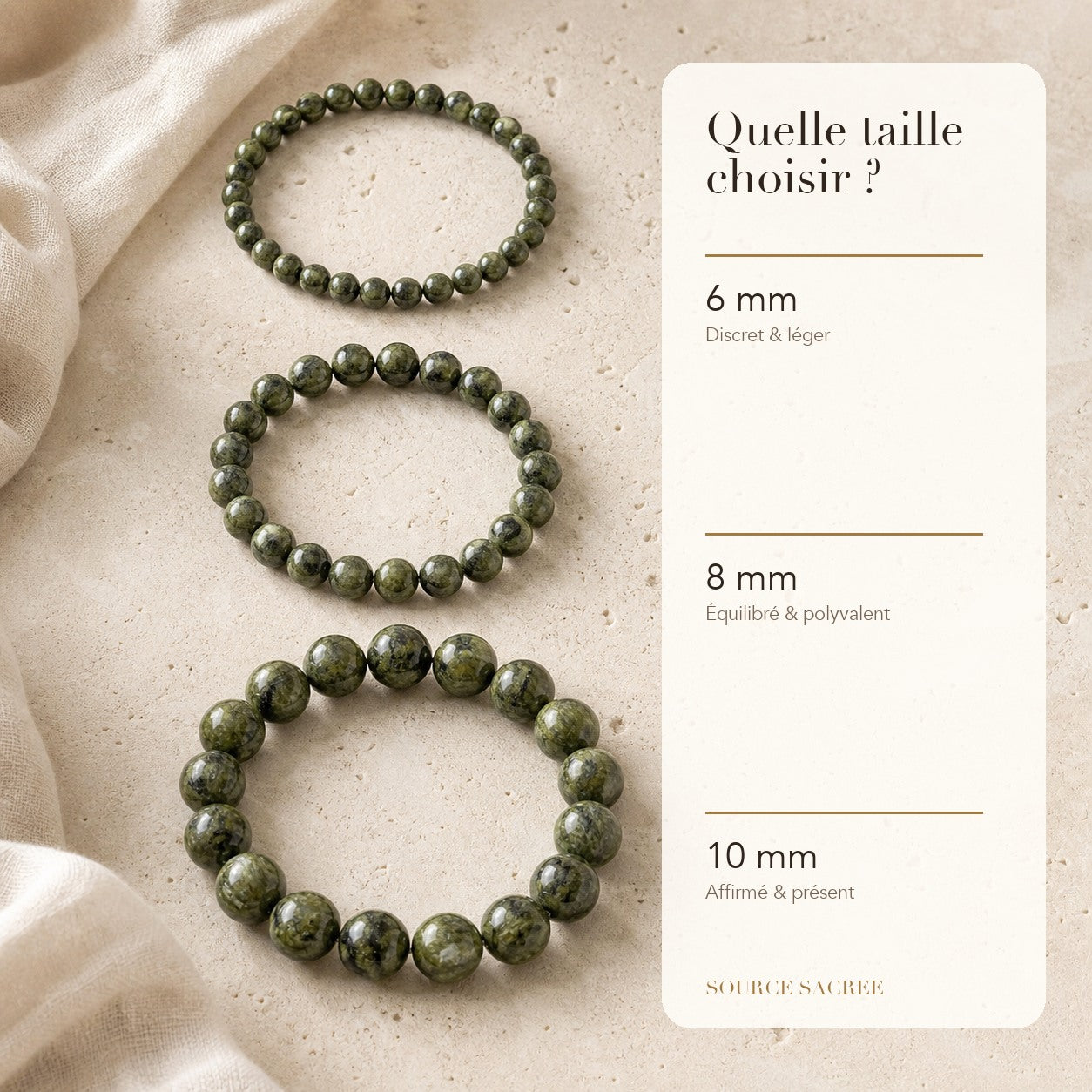 Bracelet Epidote : comparaison des perles 6 mm, 8 mm et 10 mm