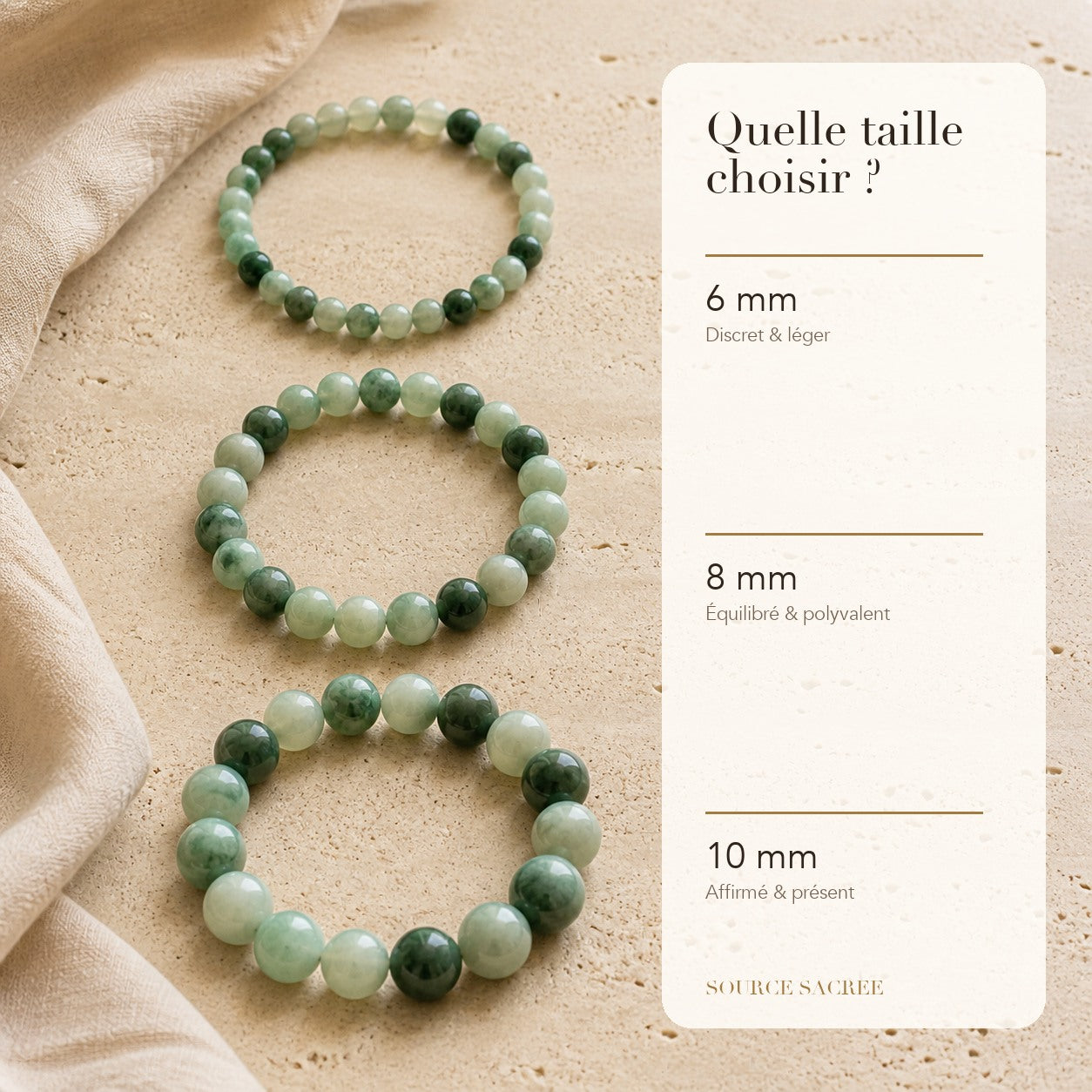 Bracelet Jade : comparaison des perles 6 mm, 8 mm et 10 mm