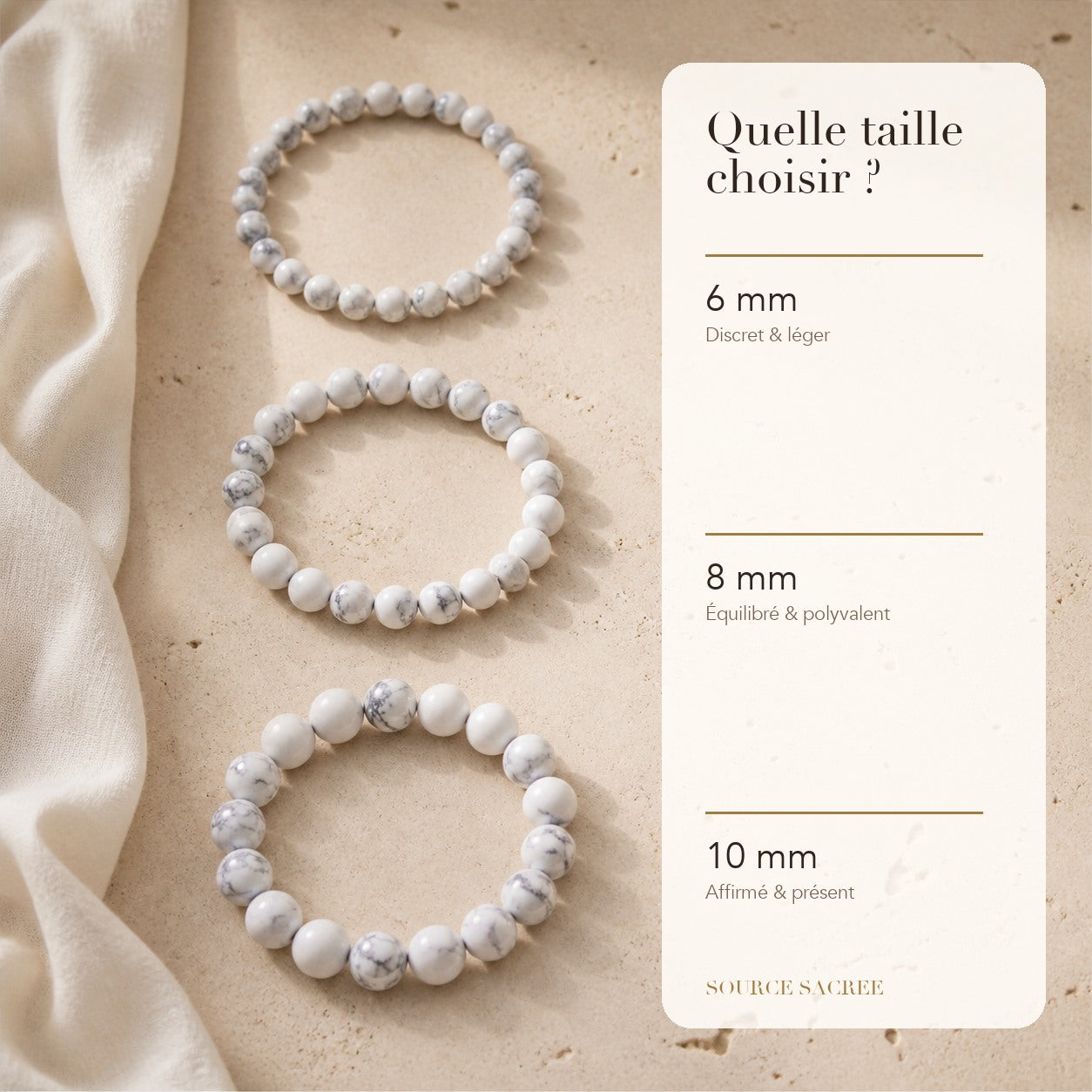 Bracelet Howlite : comparaison des perles 6 mm, 8 mm et 10 mm