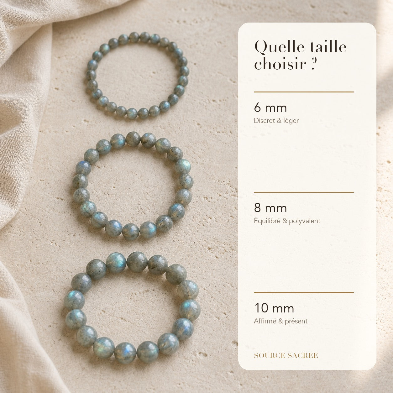 Bracelet Labradorite : comparaison des perles 6 mm, 8 mm et 10 mm