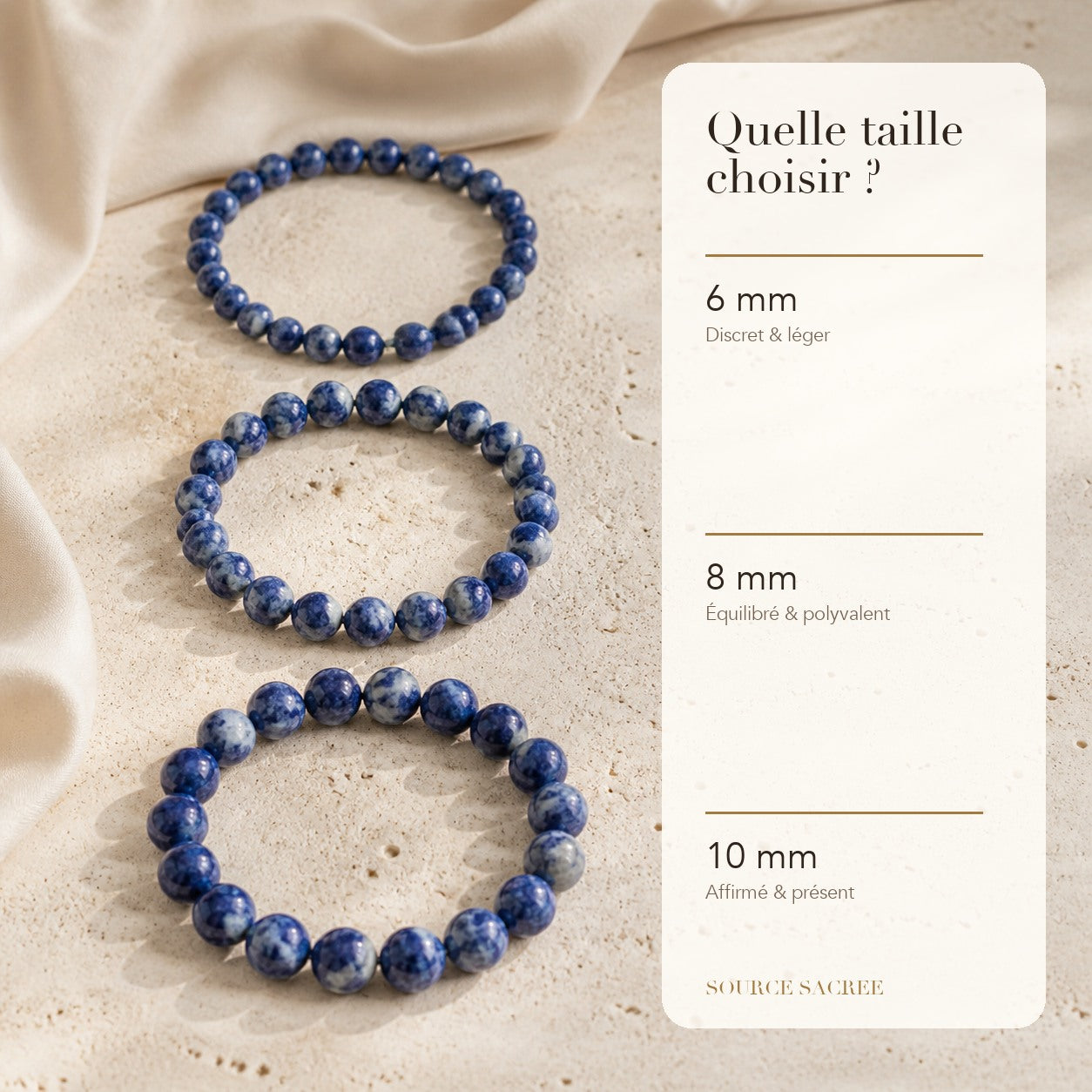Bracelet Sodalite : comparaison des perles 6 mm, 8 mm et 10 mm