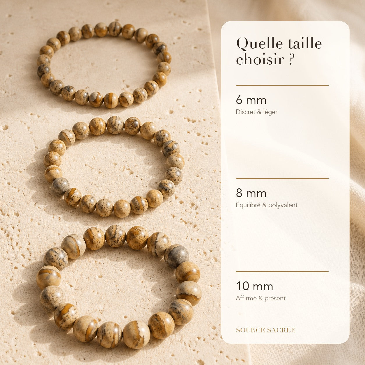 Bracelet Jaspe Paysage : comparaison des perles 6 mm, 8 mm et 10 mm