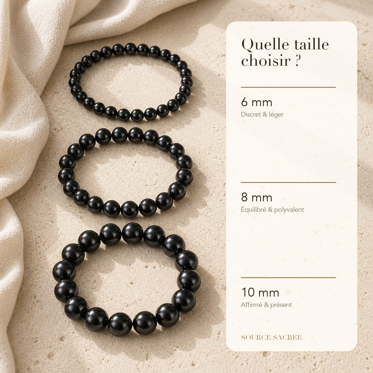 Bracelet Agate Noire : comparaison des perles 6 mm, 8 mm et 10 mm