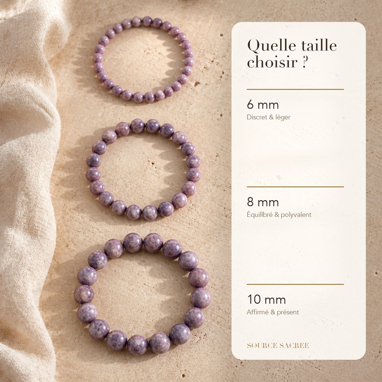 Bracelet Lépidolite : comparaison des perles 6 mm, 8 mm et 10 mm