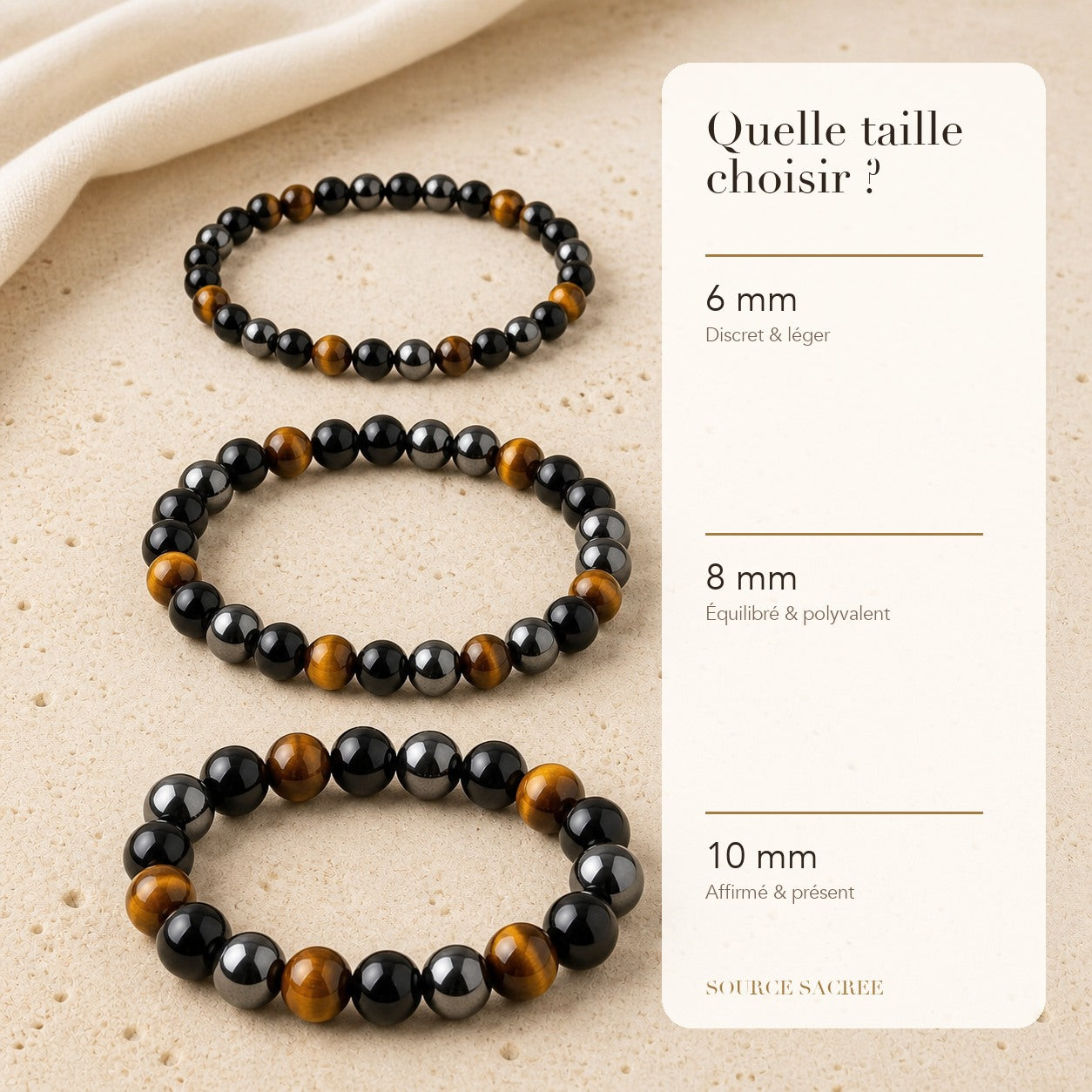 Bracelet Homme Triple Protection : comparaison des perles 6 mm, 8 mm et 10 mm
