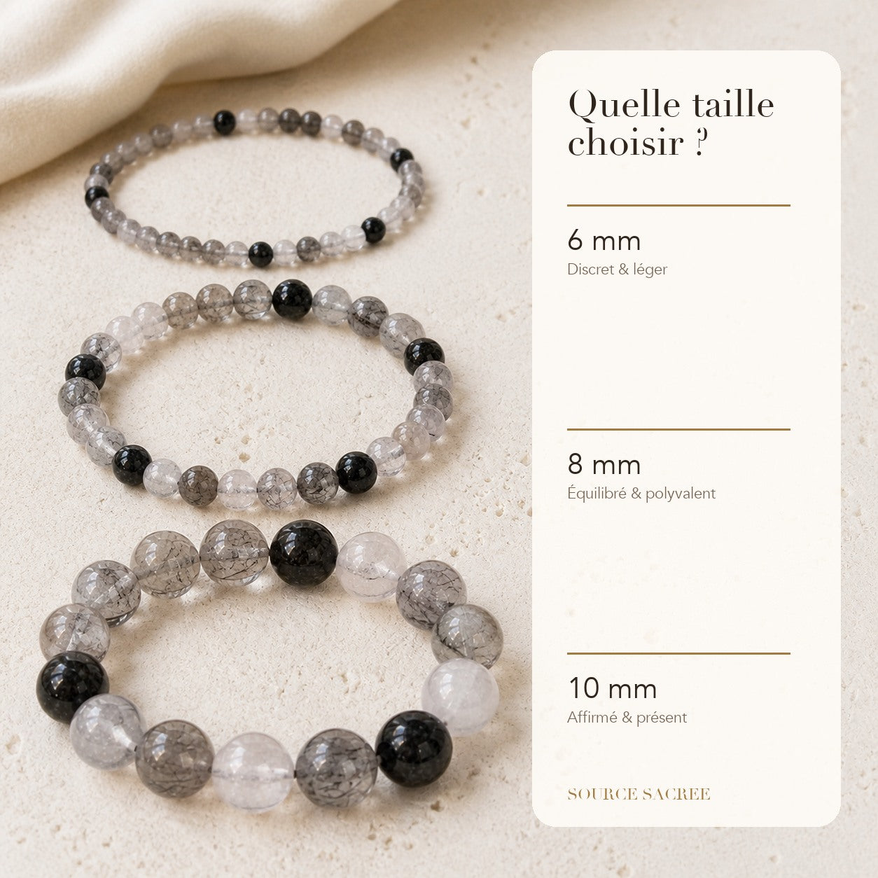 Bracelet Quartz Rutile Noir : comparaison des perles 6 mm, 8 mm et 10 mm