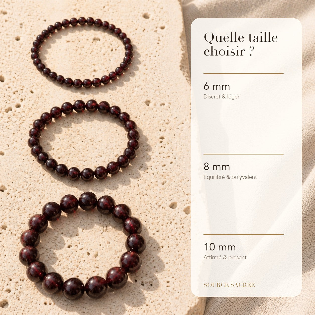 Bracelet Grenat : comparaison des perles 6 mm, 8 mm et 10 mm