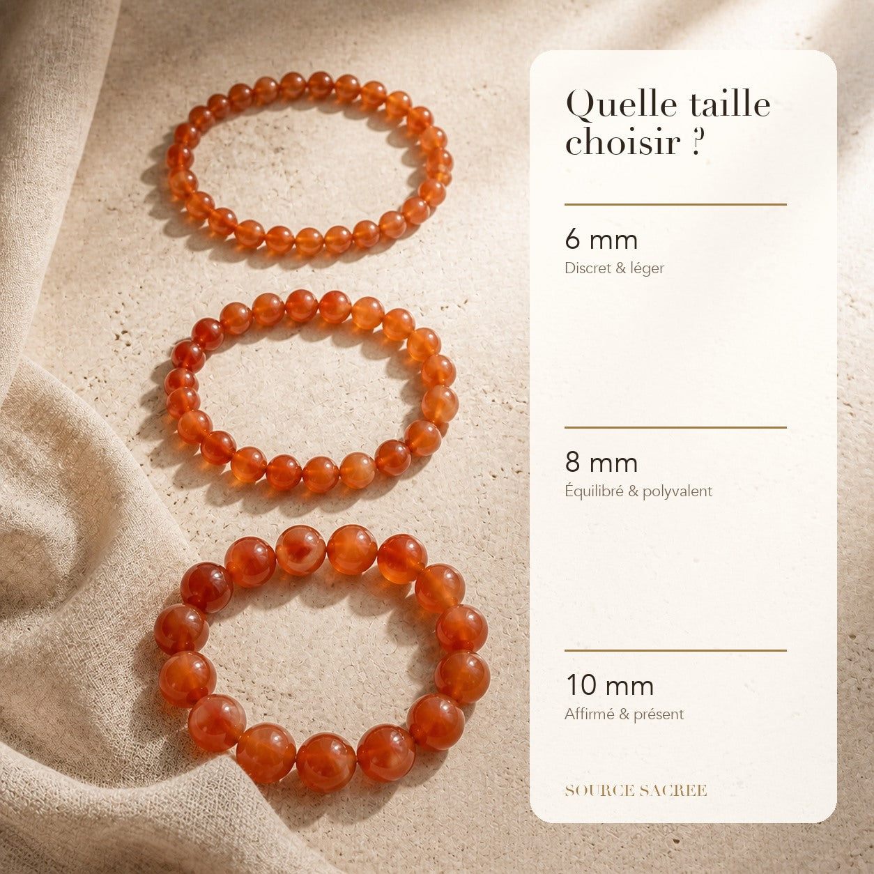 Bracelet Cornaline : comparaison des perles 6 mm, 8 mm et 10 mm