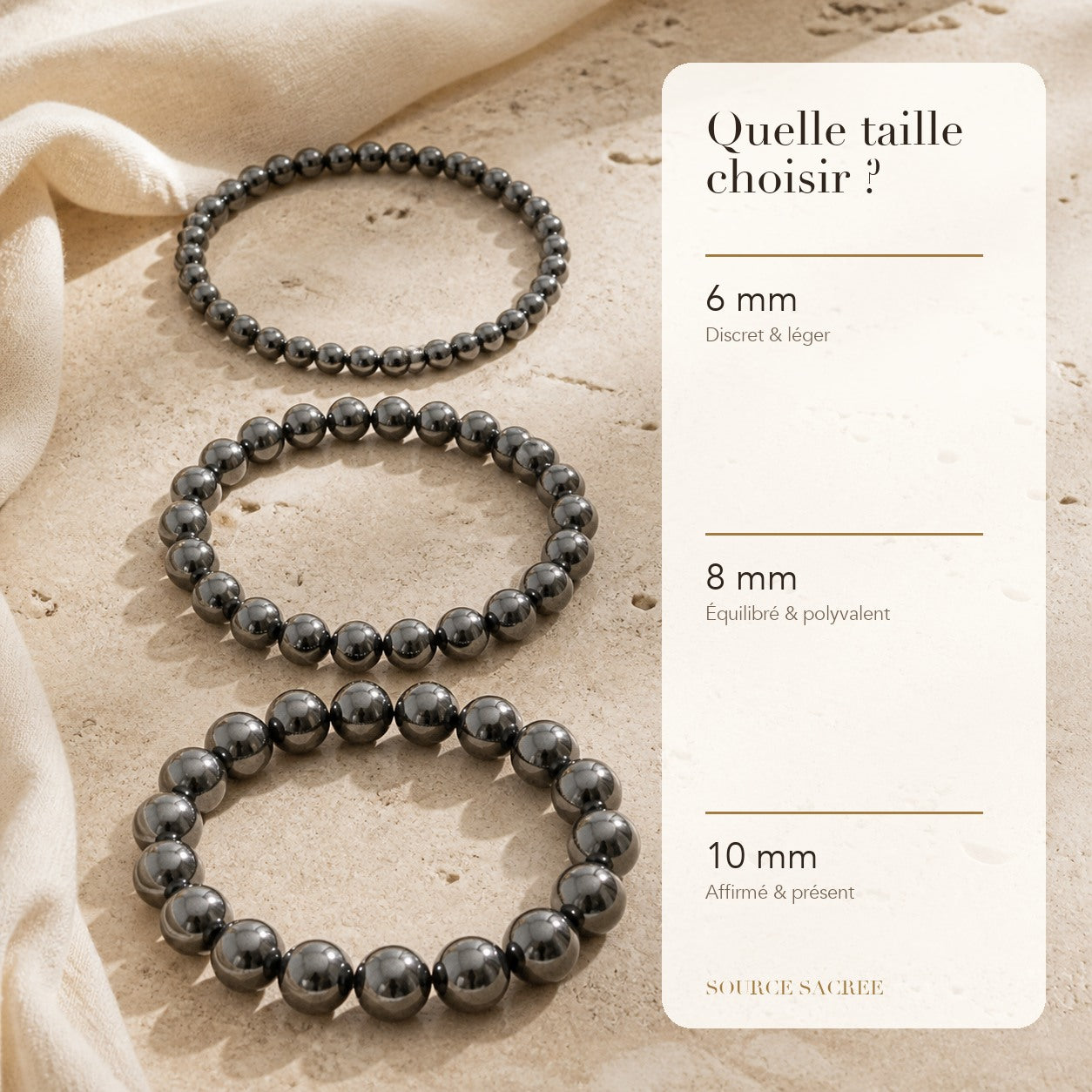 Bracelet Hématite : comparaison des perles 6 mm, 8 mm et 10 mm