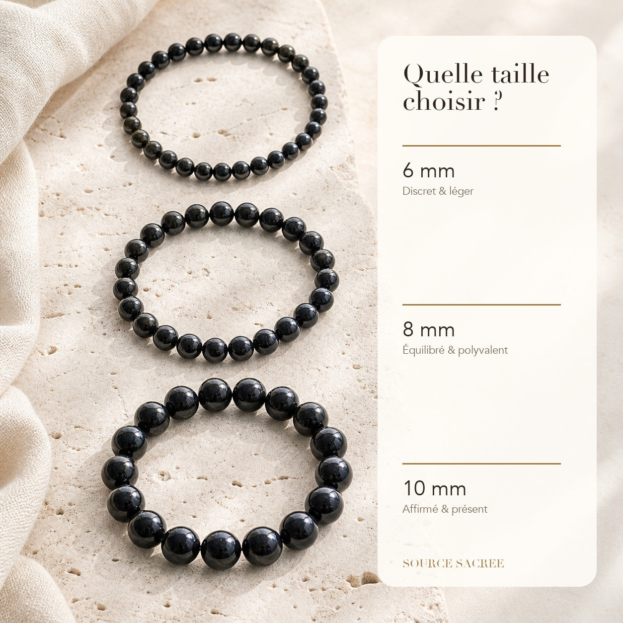 Bracelet Onyx Noir : comparaison des perles 6 mm, 8 mm et 10 mm